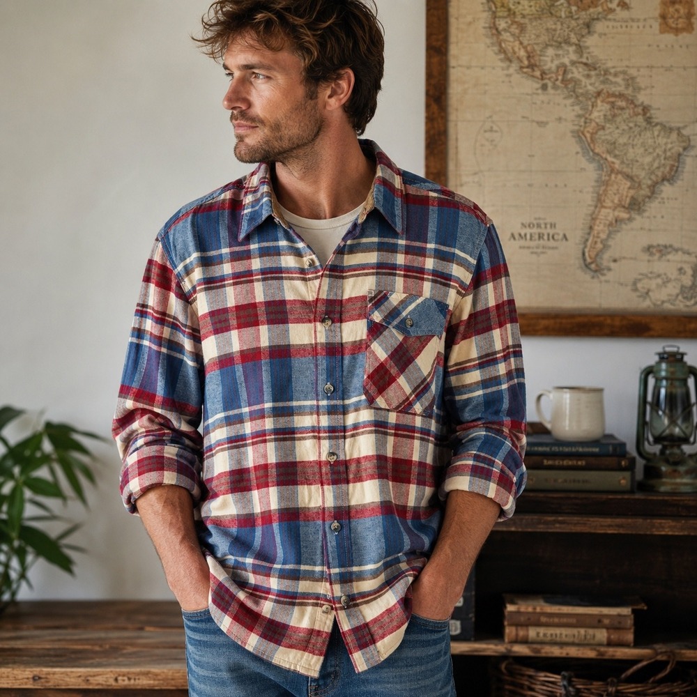 CQR Mens Plaid Flannel Shirt Long Sleeve Button Down Blue Red Cream XL
